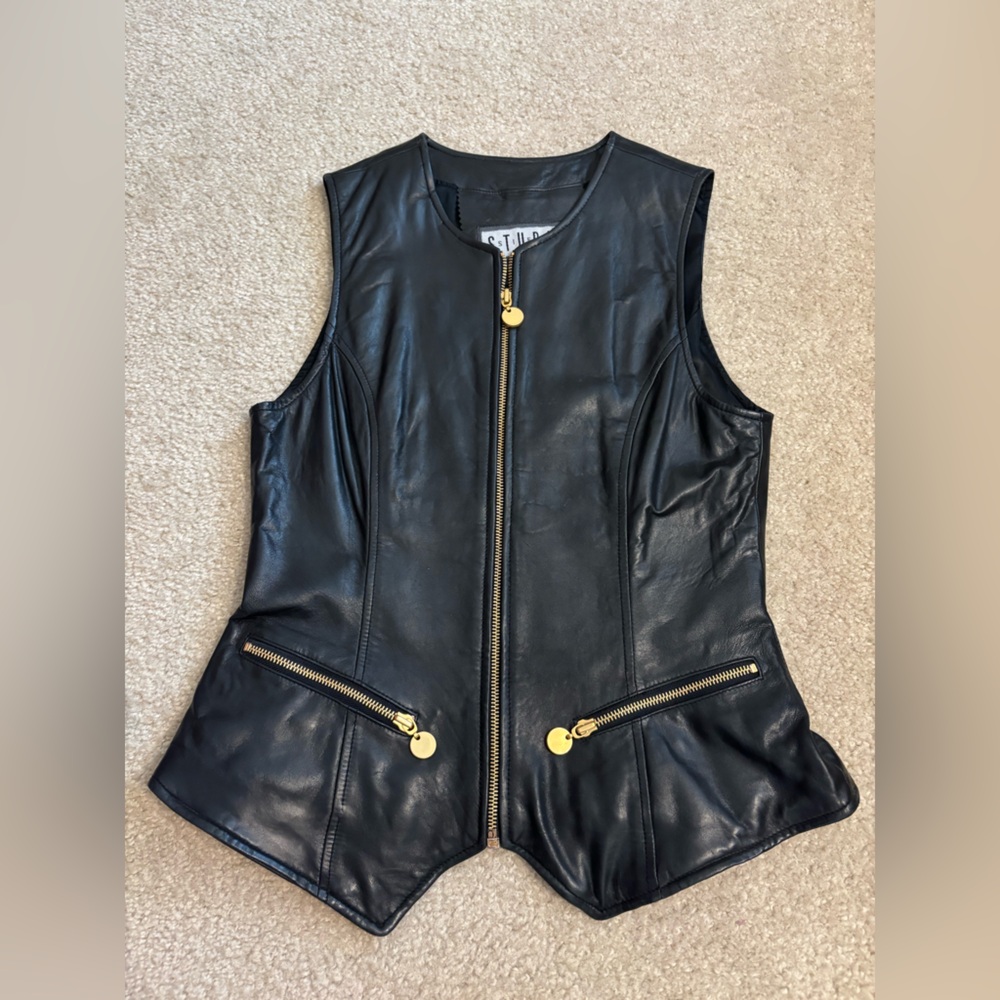 Siena Studio Vintage Leather Gold Accent Full Zip Black Vest Women’s Size Small - Picture 3 of 13